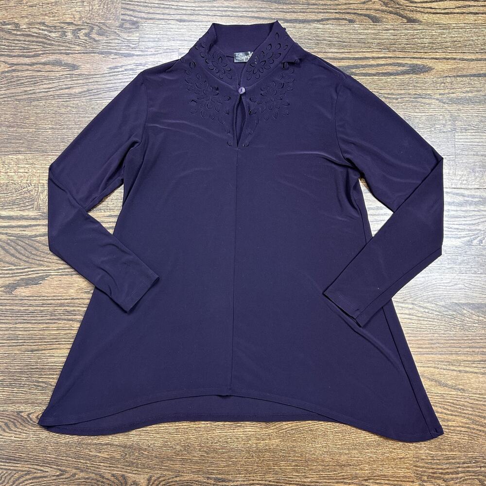 Sympli Tunic‎ Top Womens 12 Purple Mock Neck Laser Cut Long Sleeve Jersey